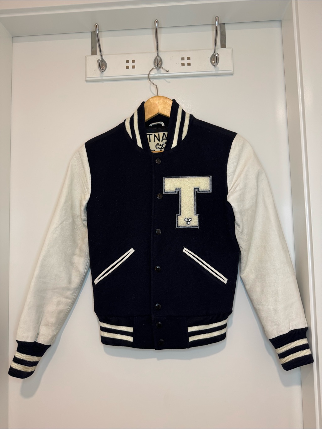 Aritzia Tna Varsity Letterman Jacket Navy White Wool Leather Sleeve Xs